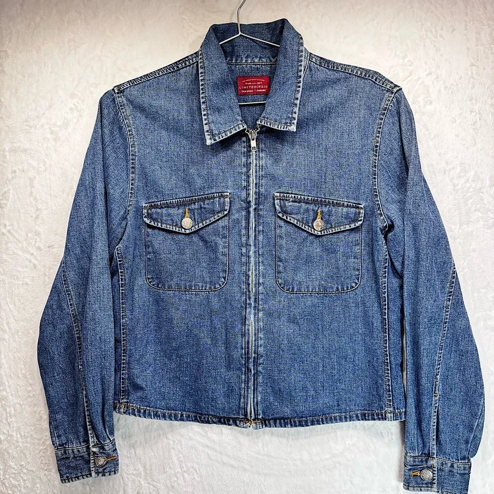 Vintage 90s Y2K The Limited Jeans Denim Trucker Jacket Zip Front 100% Cotton